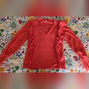 Pilcro Vibrant Coral Knit Sweater With Ruffles